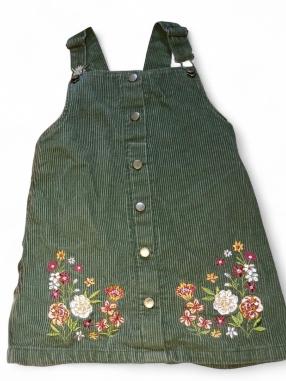 The Children’s Place Overall Dress Girls 4T Olive Green Floral Embroidery